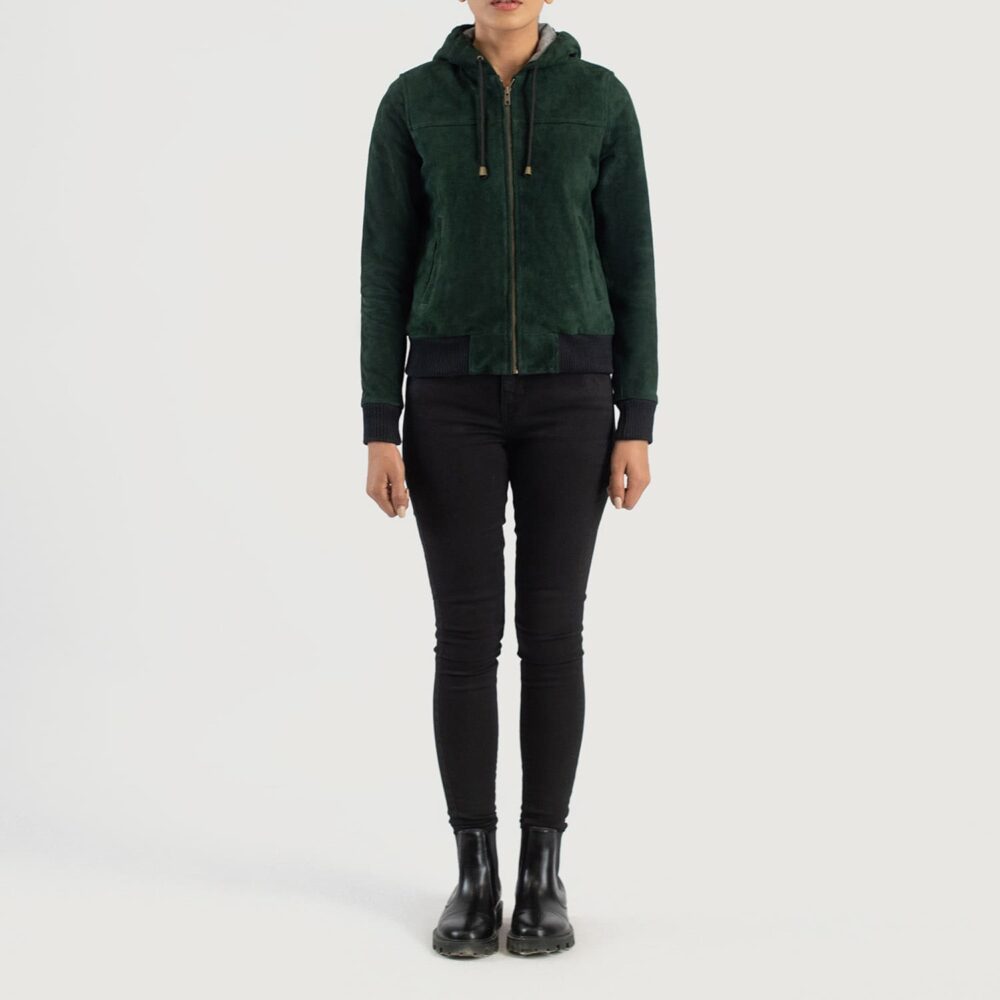 Ivy Green Hooded Suede Bomber Jacket for Women