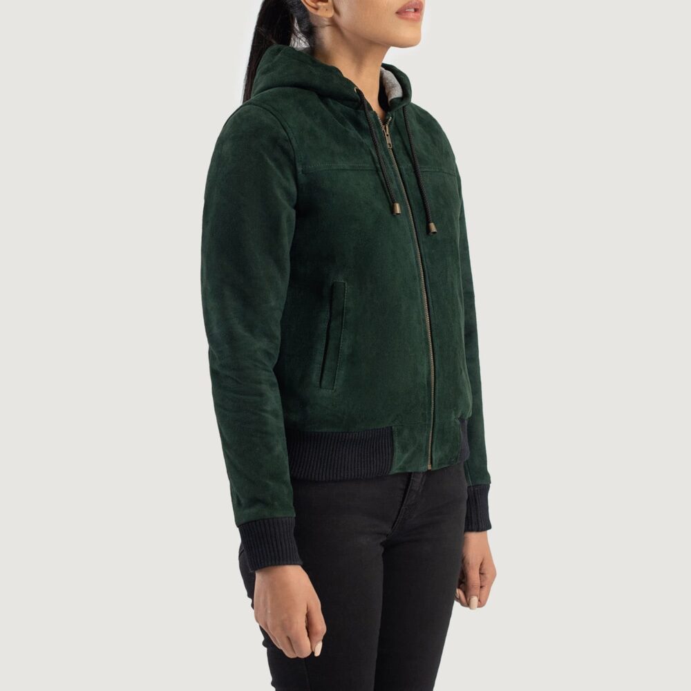 Ivy Green Hooded Suede Bomber Jacket for Women