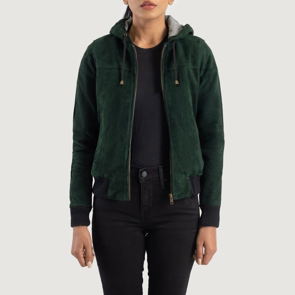 Ivy Green Hooded Suede Bomber Jacket for Women