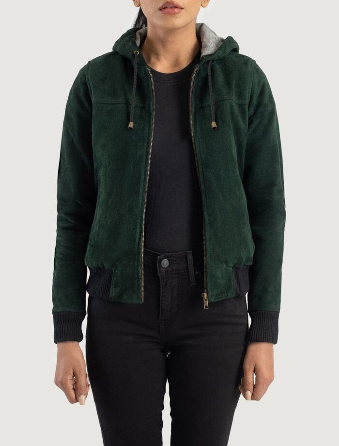 Ivy Green Hooded Suede Bomber Jacket for Women