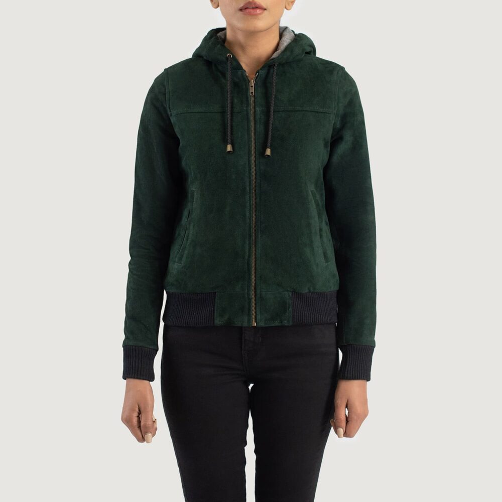 Ivy Green Hooded Suede Bomber Jacket for Women