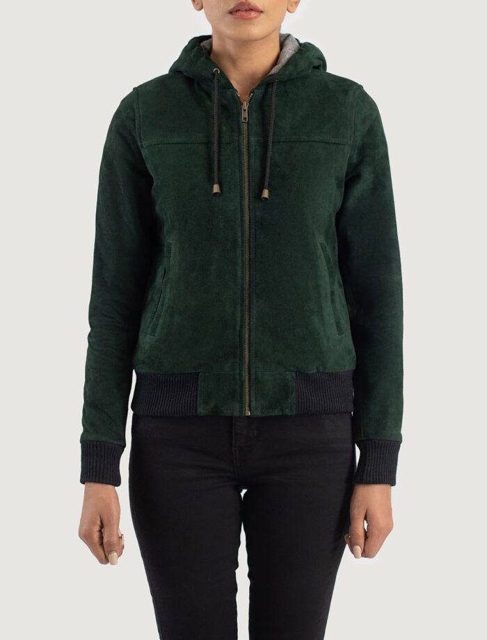 Ivy Green Hooded Suede Bomber Jacket for Women