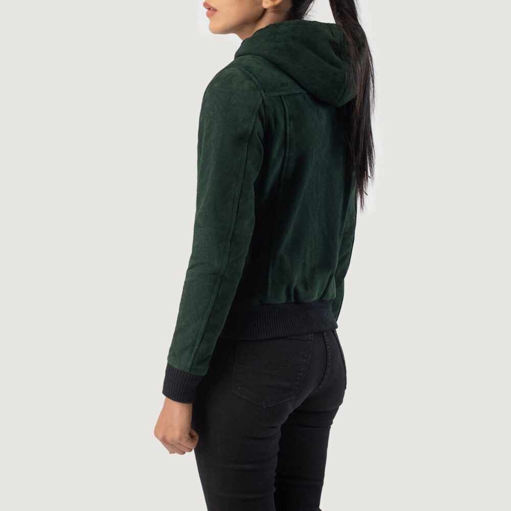 Ivy Green Hooded Suede Bomber Jacket for Women