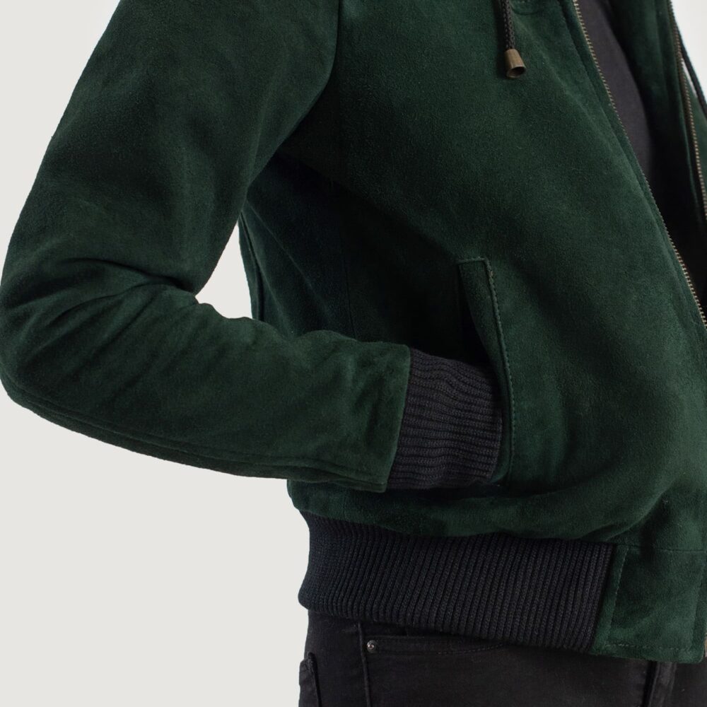 Ivy Green Hooded Suede Bomber Jacket for Women