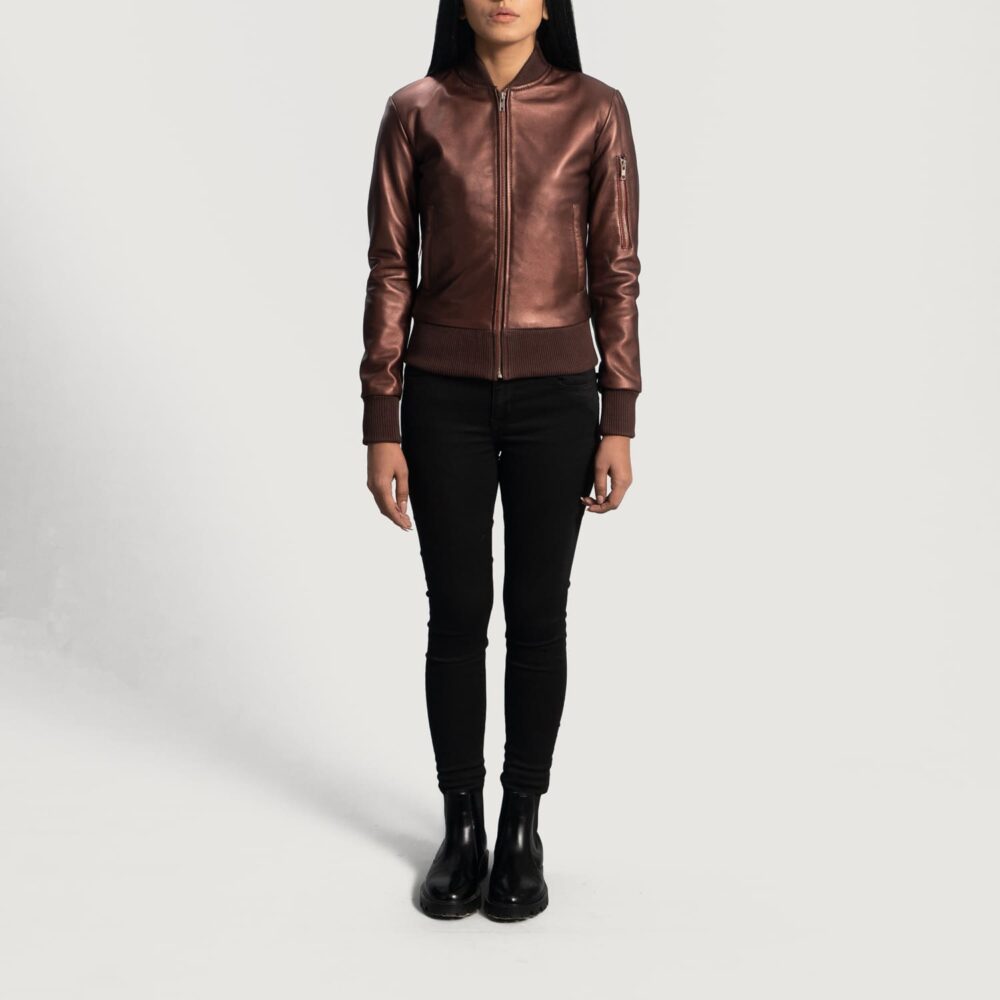 Aria Maroon Leather Bomber Jacket for Women