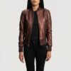 Aria Maroon Leather Bomber Jacket for Women