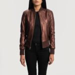 Aria Maroon Leather Bomber Jacket for Women