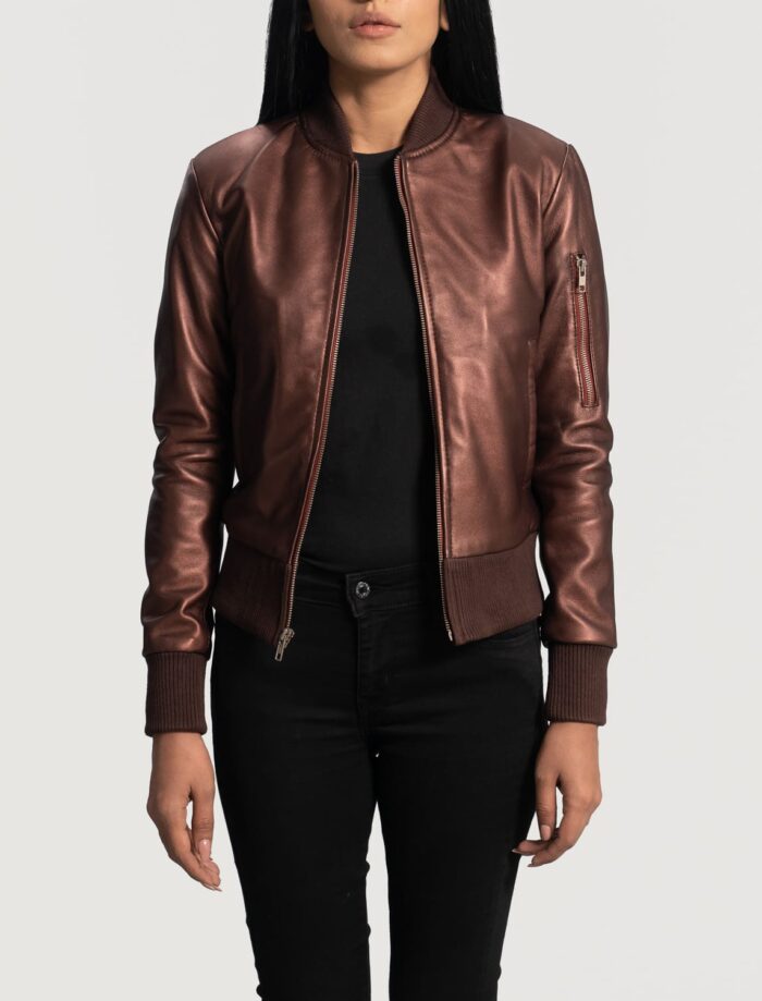 Aria Maroon Leather Bomber Jacket for Women