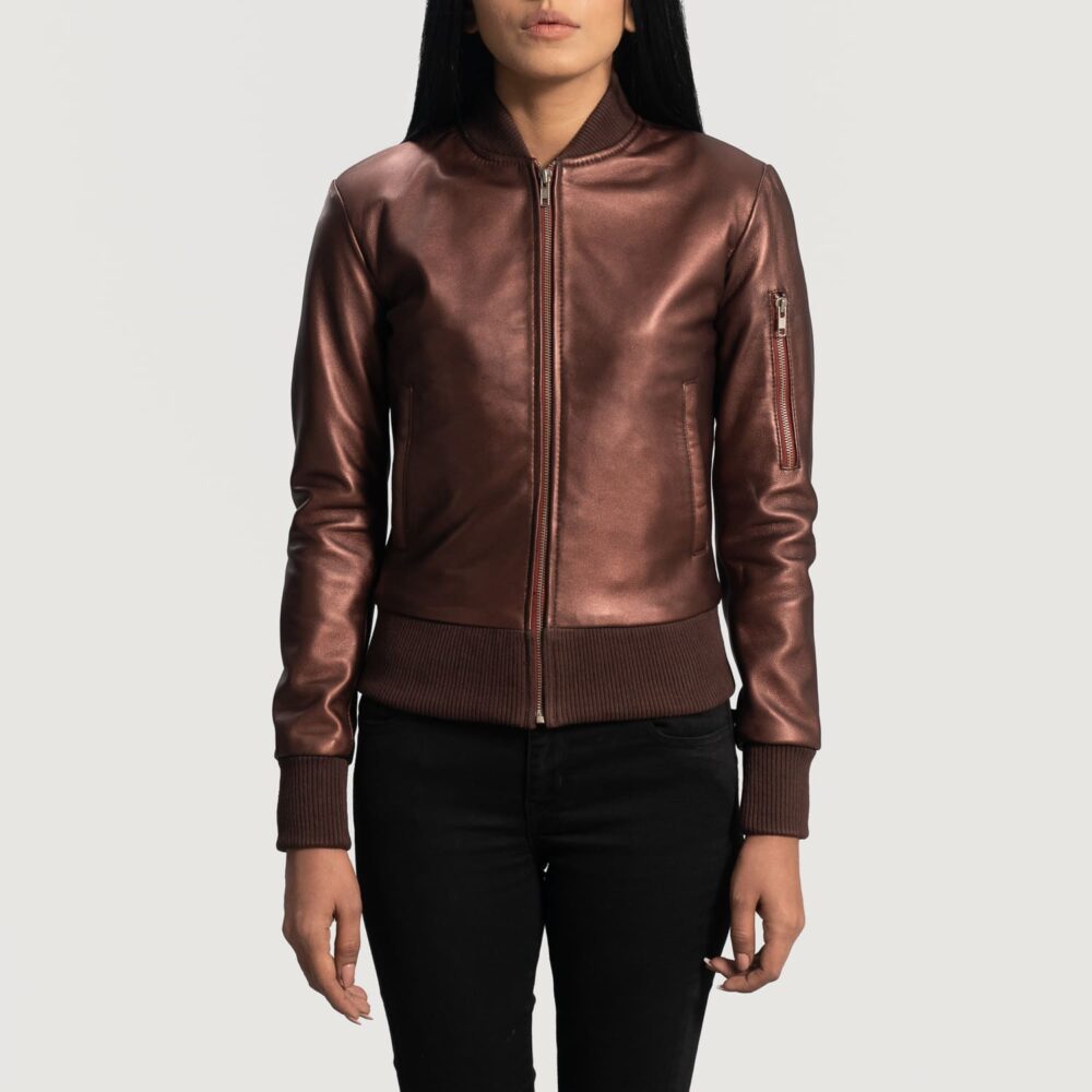 Aria Maroon Leather Bomber Jacket for Women