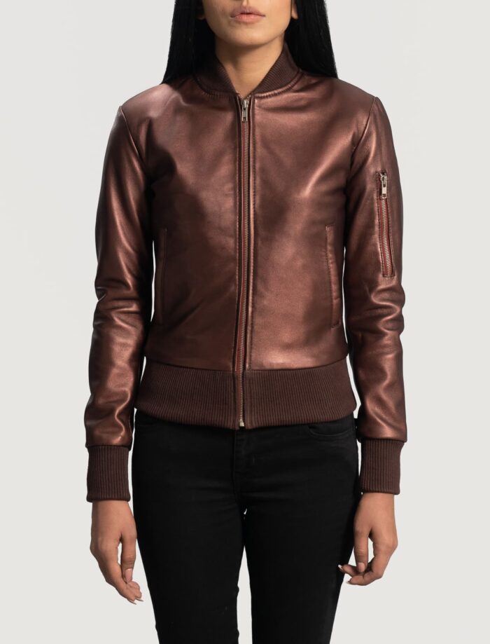 Aria Maroon Leather Bomber Jacket for Women