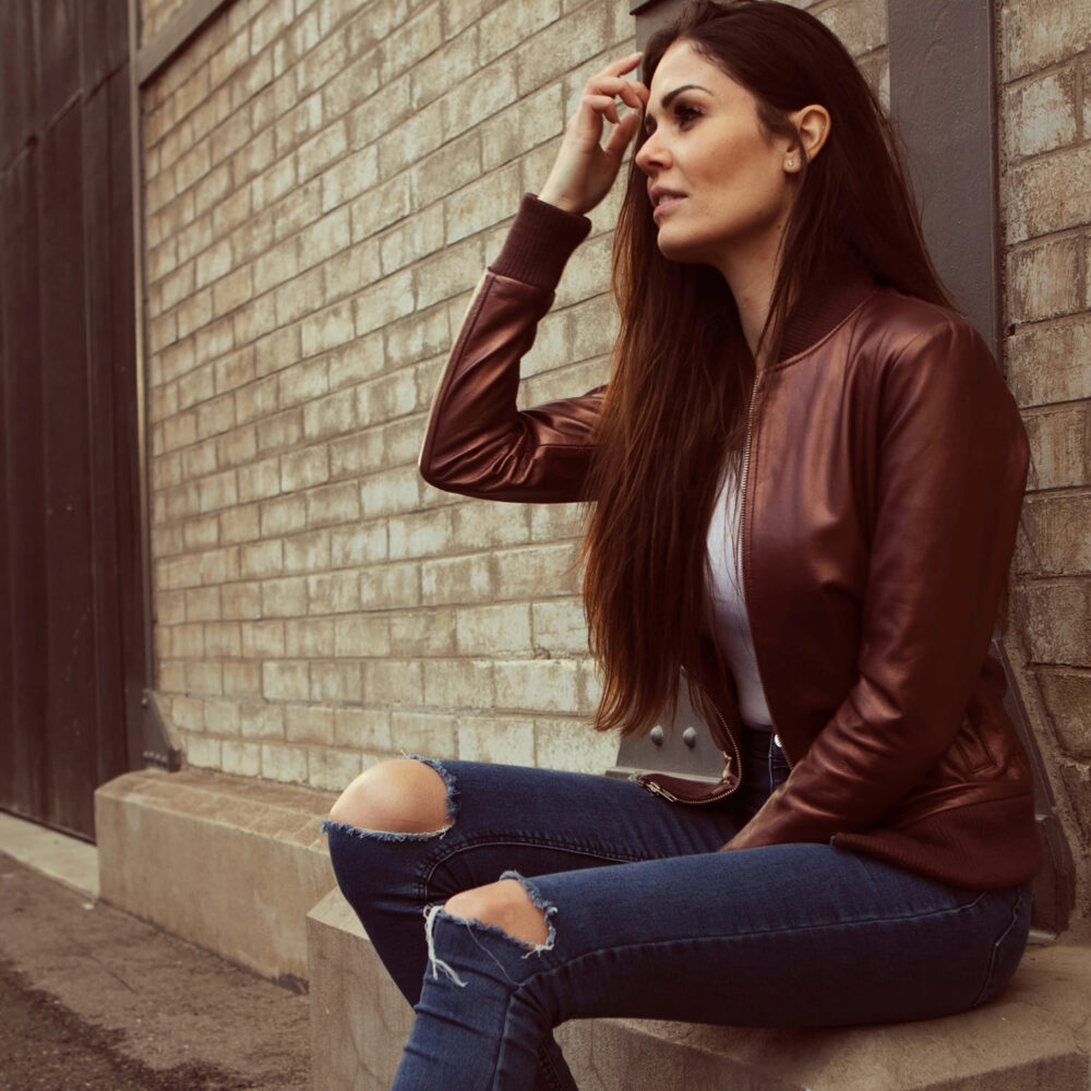 Aria Maroon Leather Bomber Jacket for Women