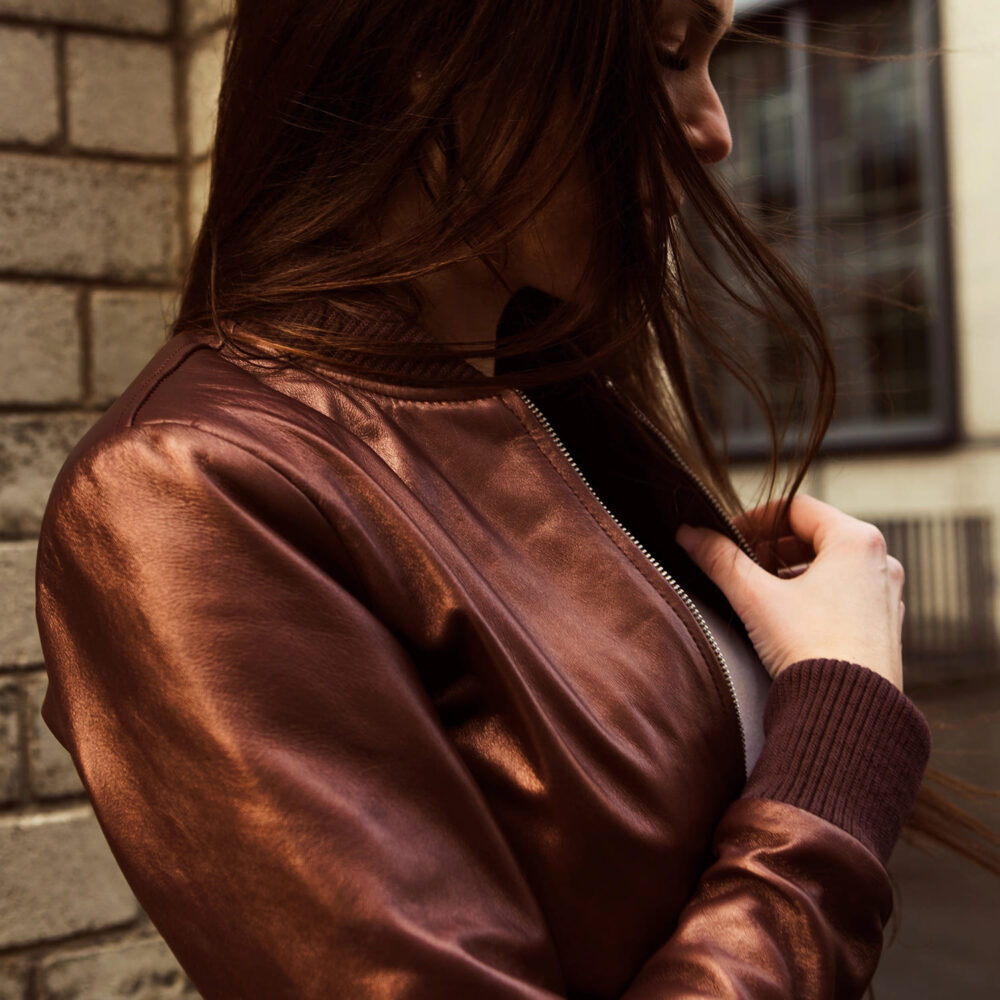 Aria Maroon Leather Bomber Jacket for Women