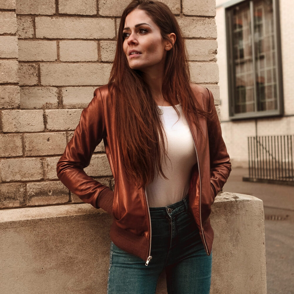 Aria Maroon Leather Bomber Jacket for Women