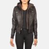 Nyla Brown Hooded Leather Bomber Jacket for Women