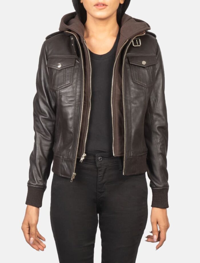 Nyla Brown Hooded Leather Bomber Jacket for Women