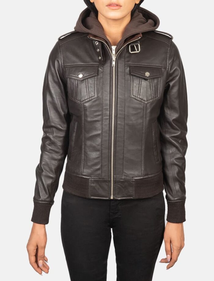 Nyla Brown Hooded Leather Bomber Jacket for Women