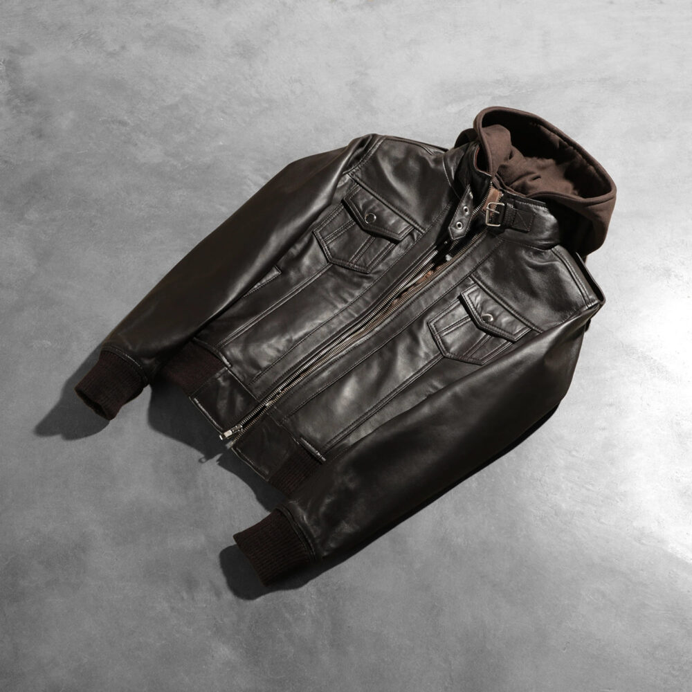 Nyla Brown Hooded Leather Bomber Jacket for Women