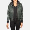 Nyla Green Hooded Leather Bomber Jacket for Women