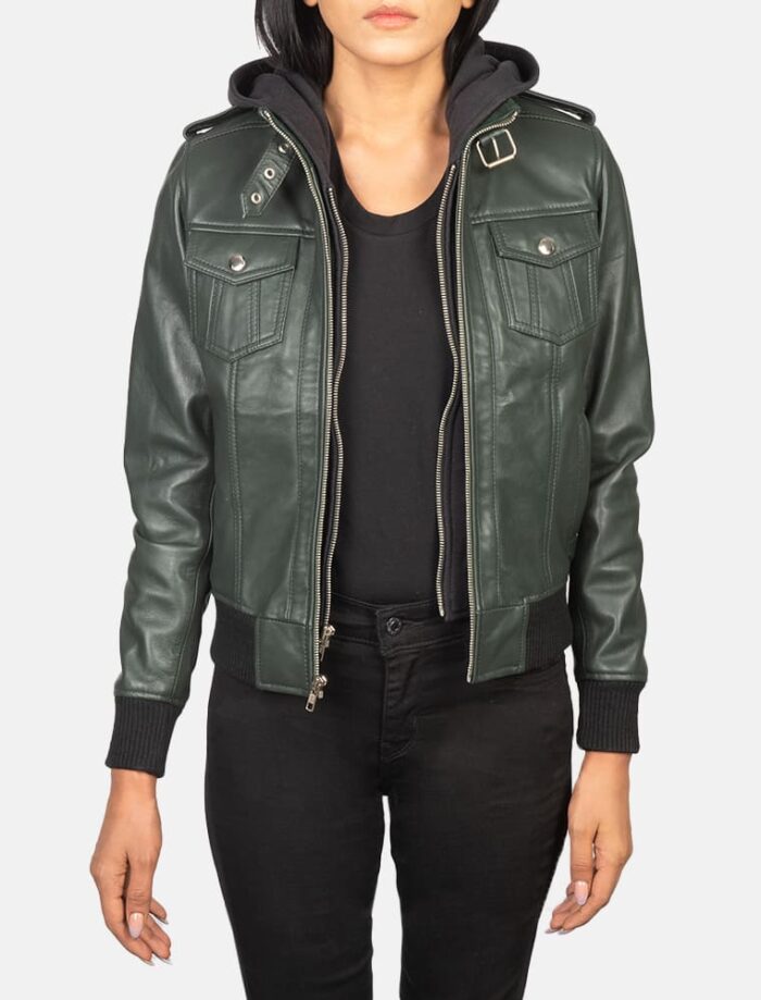 Nyla Green Hooded Leather Bomber Jacket for Women