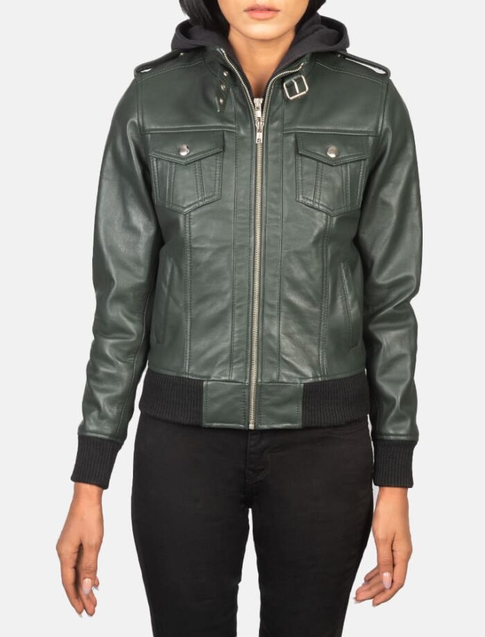 Nyla Green Hooded Leather Bomber Jacket for Women