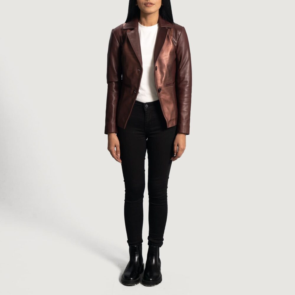 Astrid Metallic Maroon Leather Blazer for Women