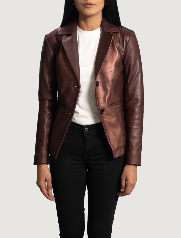 Astrid Metallic Maroon Leather Blazer for Women