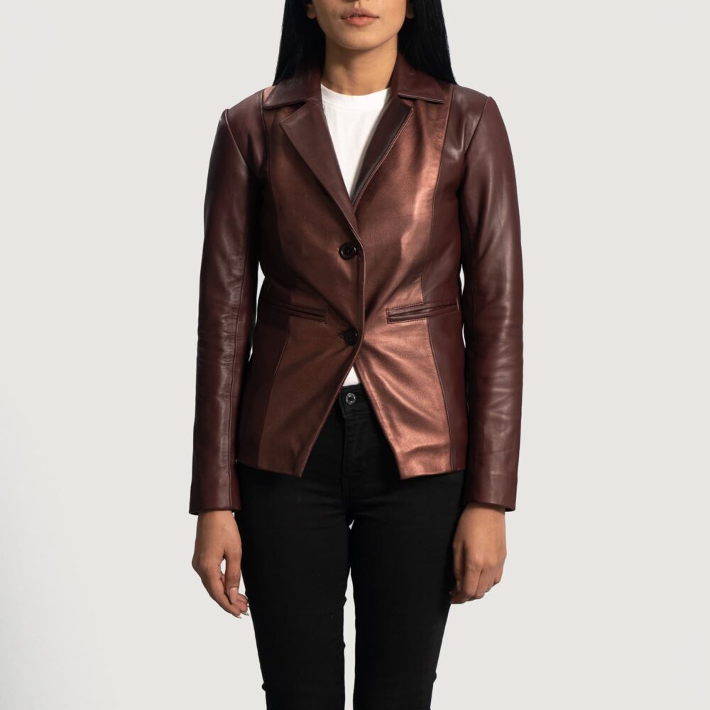 Astrid Metallic Maroon Leather Blazer for Women