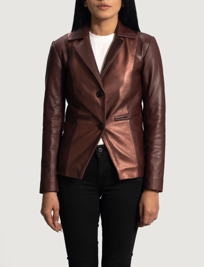 Astrid Metallic Maroon Leather Blazer for Women