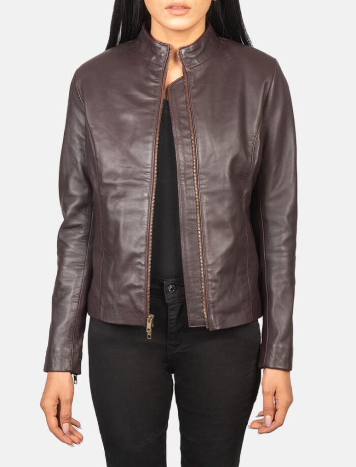 Azura Maroon Leather Biker Jacket for Women