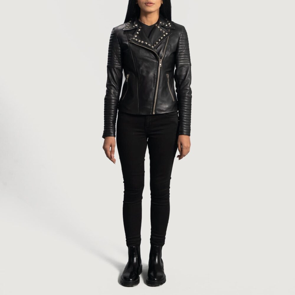 Nova Studded Black Leather Biker Jacket for Women