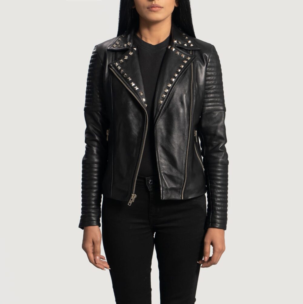 Nova Studded Black Leather Biker Jacket for Women