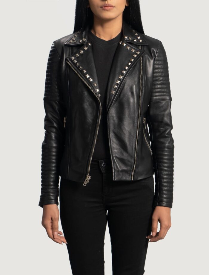 Nova Studded Black Leather Biker Jacket for Women