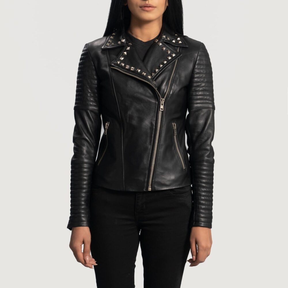 Nova Studded Black Leather Biker Jacket for Women