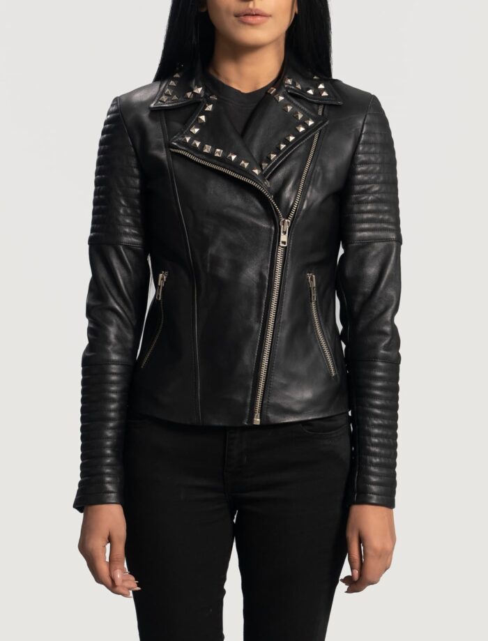 Nova Studded Black Leather Biker Jacket for Women