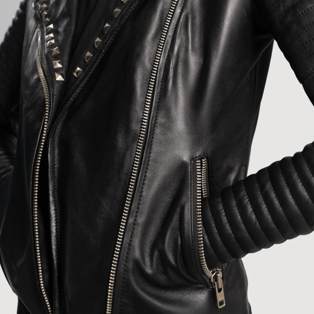 Nova Studded Black Leather Biker Jacket for Women