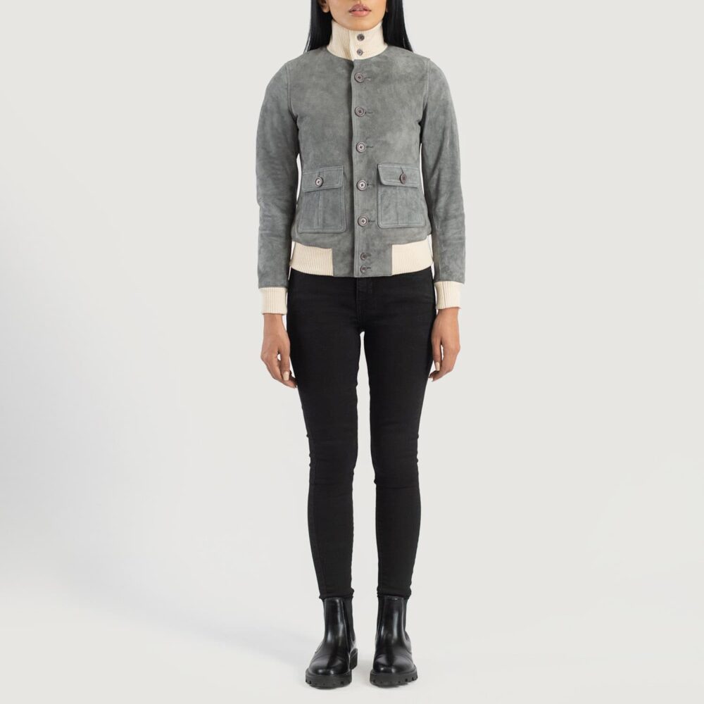 Aster Grey Suede Bomber Jacket for Women