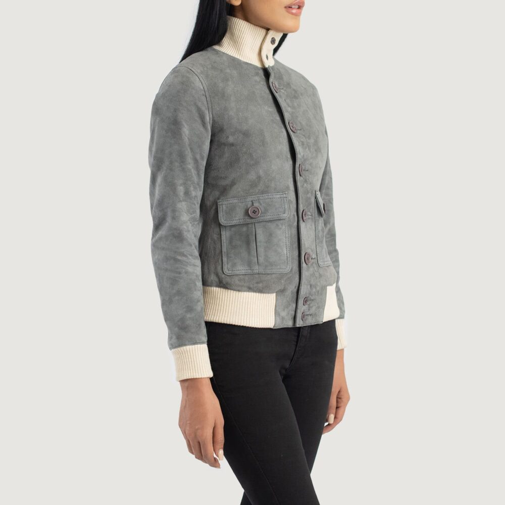 Aster Grey Suede Bomber Jacket for Women