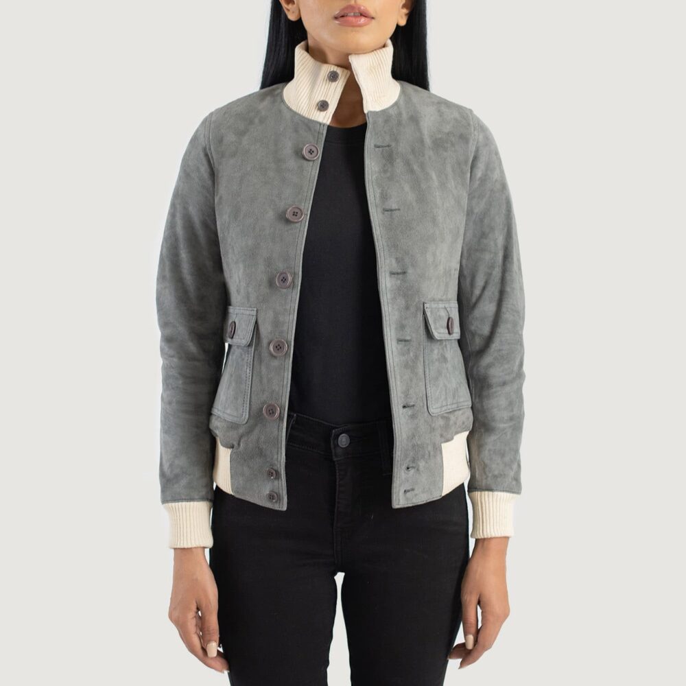 Aster Grey Suede Bomber Jacket for Women