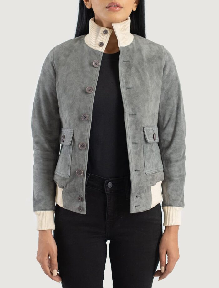 Aster Grey Suede Bomber Jacket for Women