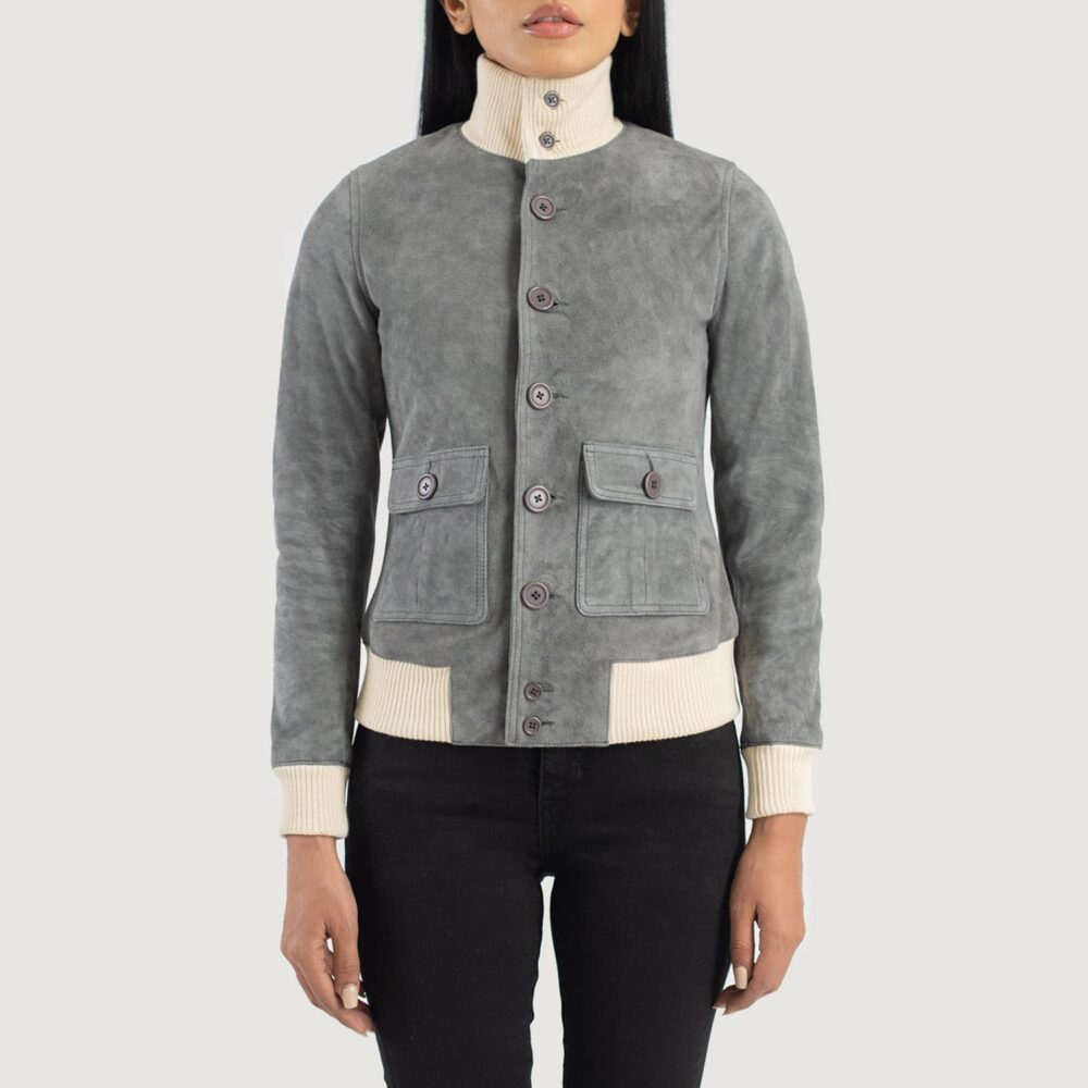 Aster Grey Suede Bomber Jacket for Women