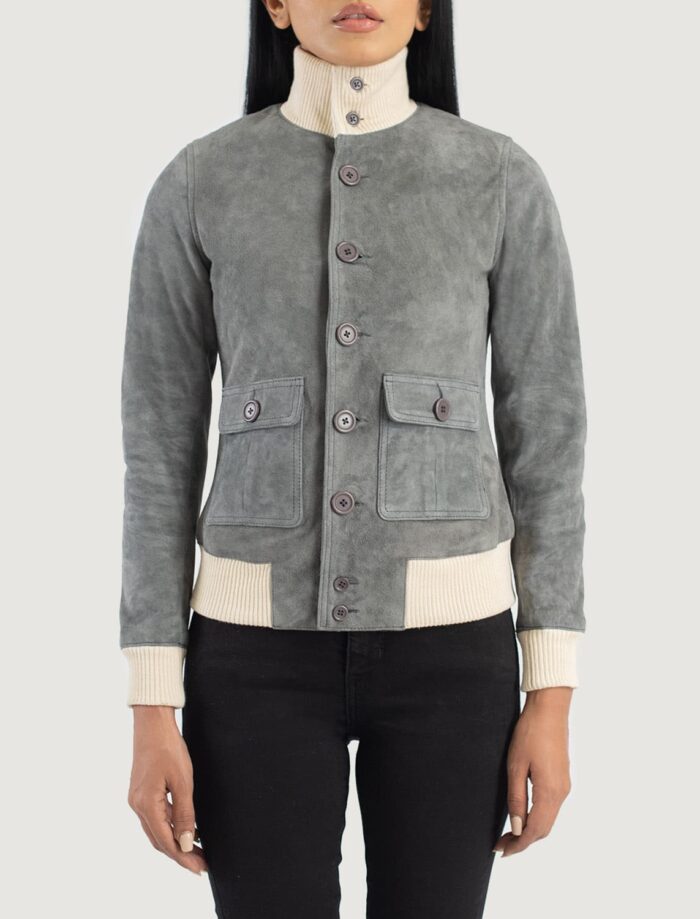 Aster Grey Suede Bomber Jacket for Women