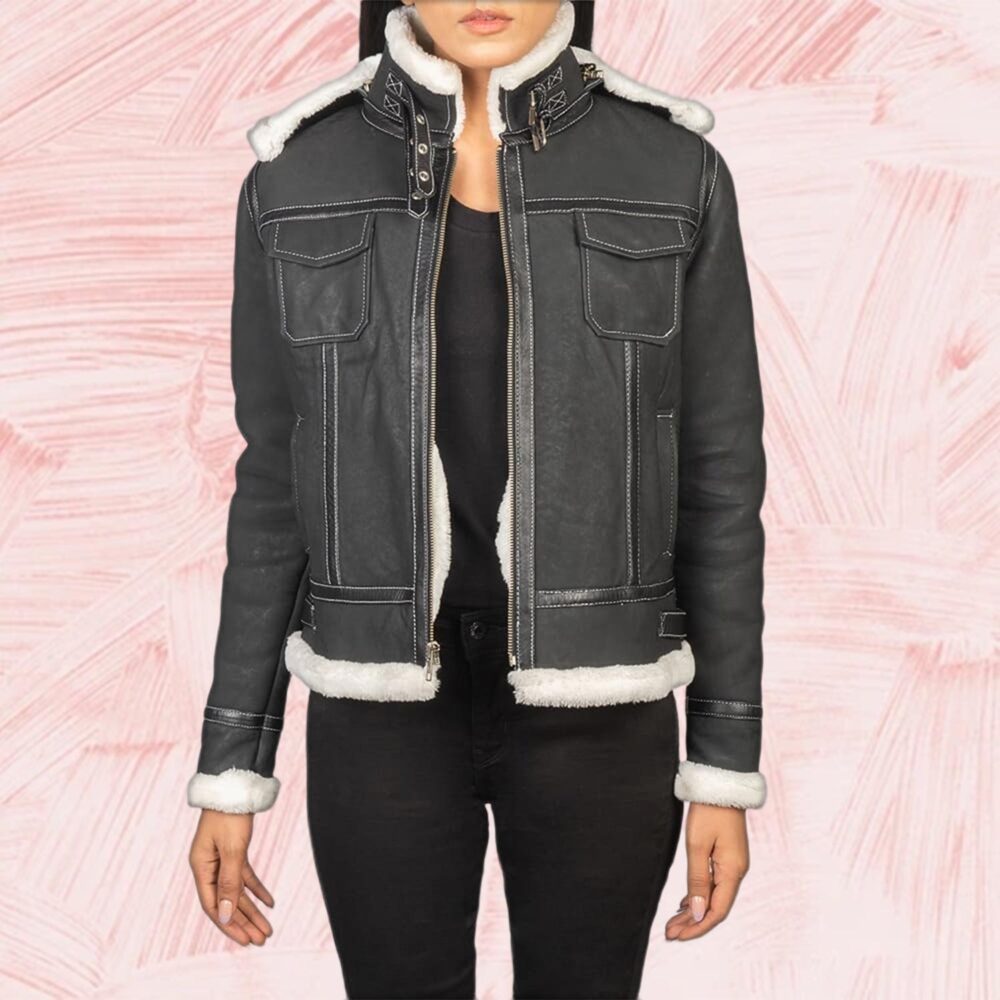 Selene Black Shearling Hooded Leather Jacket for Women
