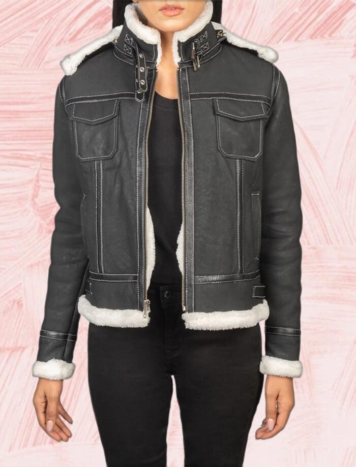 Selene Black Shearling Hooded Leather Jacket for Women
