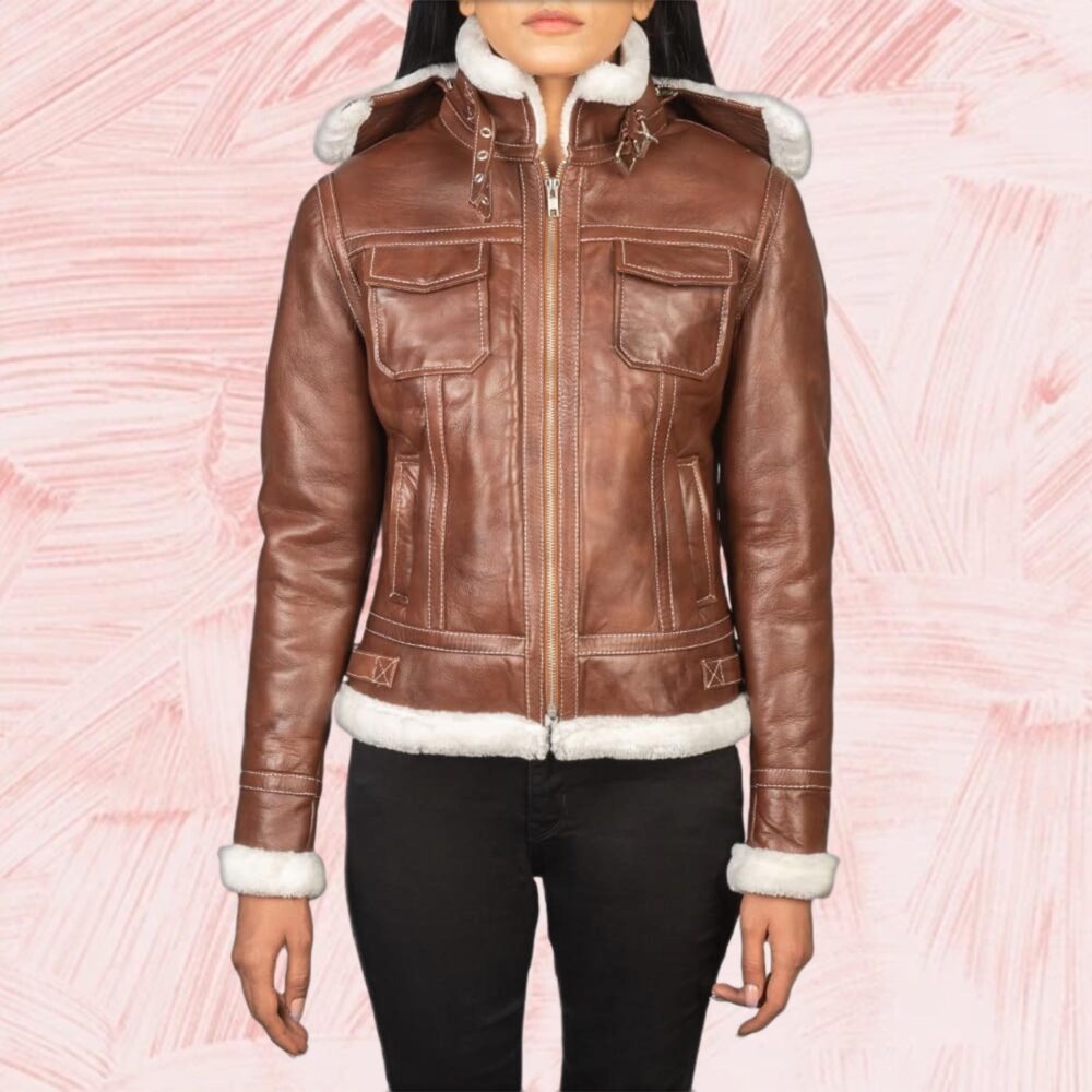 Selene Brown Shearling Hooded Leather Jacket for Women