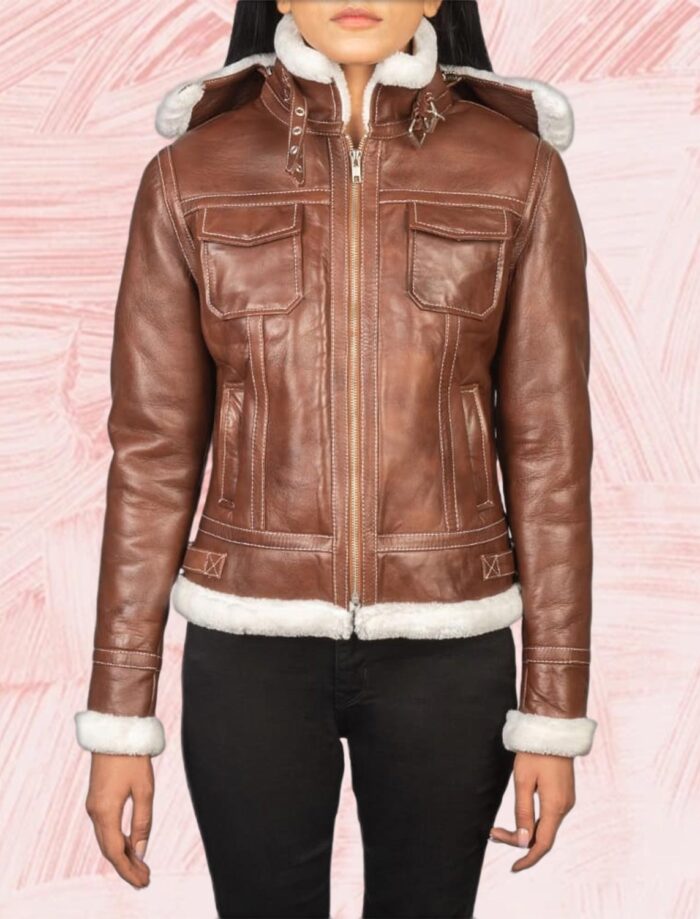 Selene Brown Shearling Hooded Leather Jacket for Women