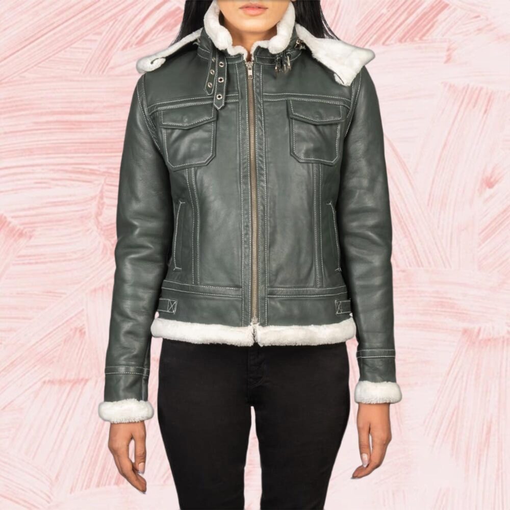 Selene Green Shearling Hooded Leather Jacket for Women
