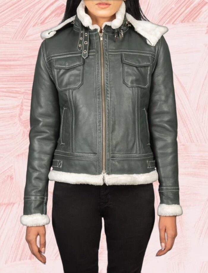 Selene Green Shearling Hooded Leather Jacket for Women