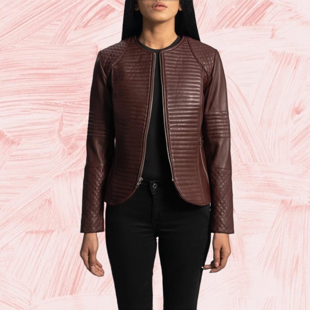 Seraphine Quilted Maroon Leather Jacket for Women
