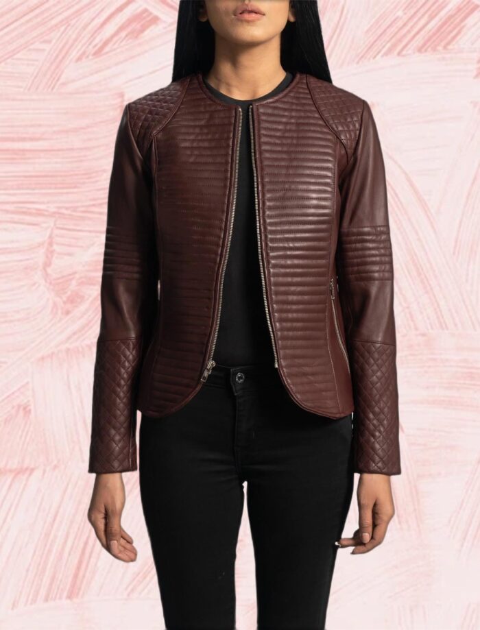 Seraphine Quilted Maroon Leather Jacket for Women