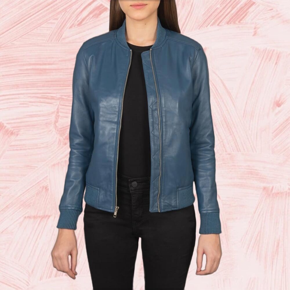 Serena Blue Leather Bomber Jacket for Women